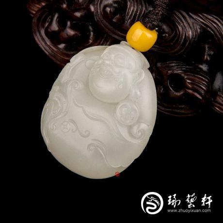 【琢艺轩】新疆和田玉白皮白玉籽玉挂件 财神 26克
