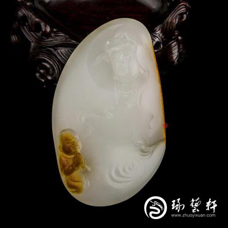 【琢艺轩】新疆和田玉红沁羊脂白玉籽玉把件 童子拜观音(独籽) 112克