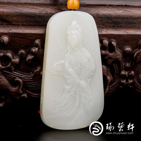 【琢艺轩】穆宇静 新疆和田玉洒金皮一级白玉籽玉玉牌 观音 65克