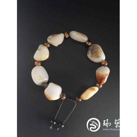 【琢艺轩】新疆和田玉黄皮白玉籽玉 原石手链 42克