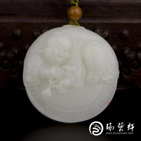 【琢艺轩】新疆和田玉黄皮白玉籽玉把件 童子击鼓 106克