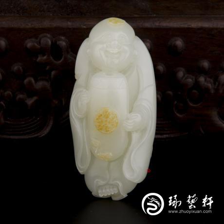 【琢艺轩】新疆和田玉洒金皮白玉籽玉把件 童子击鼓 57.9克