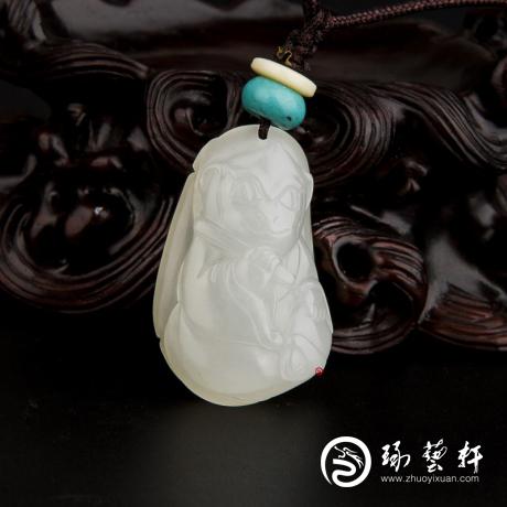 【琢艺轩】新疆和田玉白皮一级白玉籽玉挂件 十二生肖-猴 13.3克