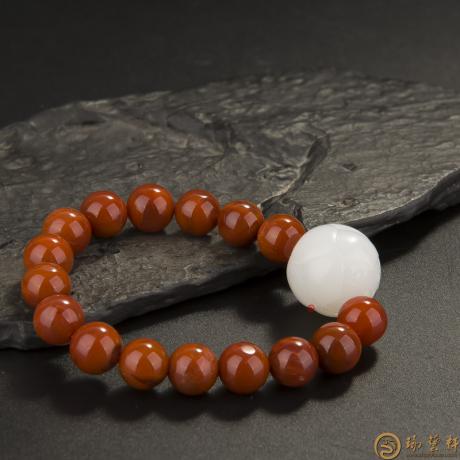 【琢艺轩】新疆和田玉黄皮白玉籽玉南红手串 莲花手串 33.5克