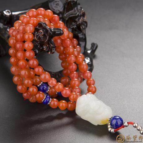 【琢艺轩】新疆和田玉黄皮白玉籽玉南红手链 罗汉 46.3克