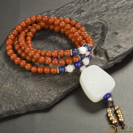 【琢艺轩】新疆和田玉白皮一级白玉籽玉南红手链 福临门 42.2克