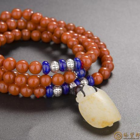 【琢艺轩】新疆和田玉洒金皮白玉籽玉南红手链 龙龟 44.8克