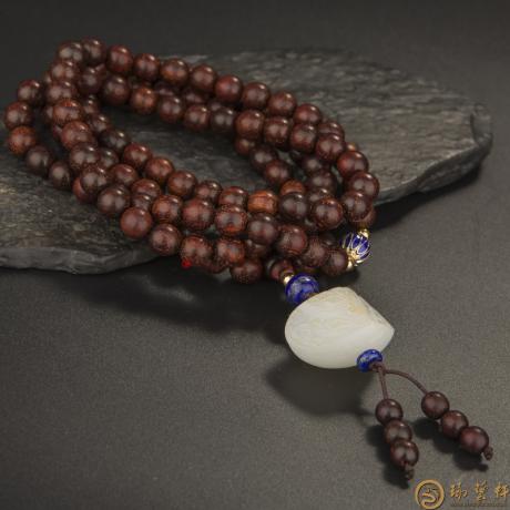 【琢艺轩】新疆和田玉黄皮一级白玉籽玉配小叶紫檀手链 饕餮 48克