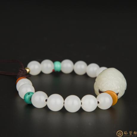 【琢艺轩】新疆和田黄皮白玉籽玉手链 貔貅 23克