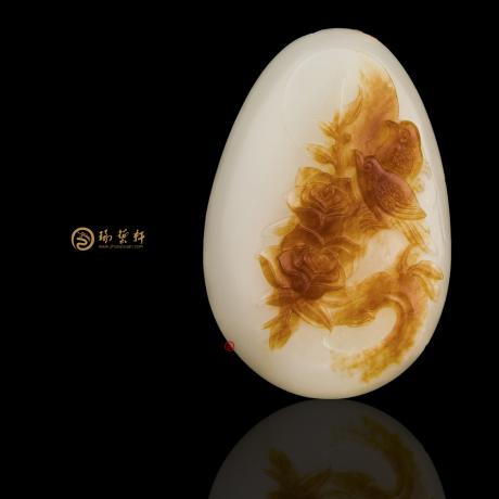 【琢艺轩】新疆和田红沁白玉籽玉挂件 花开富贵 47.5克