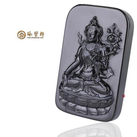 【琢艺轩】新疆和田白皮墨碧籽玉牌子 度母 83.8克