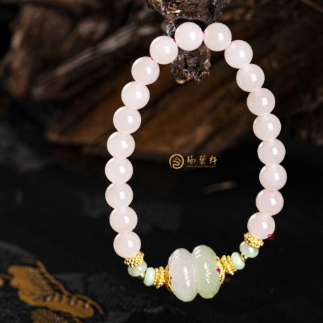 【琢艺轩】藕粉搭配翠青并蒂莲 手链 21.8克