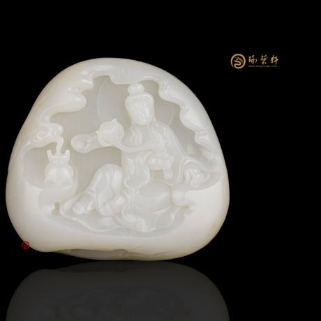 【琢艺轩】新疆和田白皮一级白籽玉摆件 观音 183克
